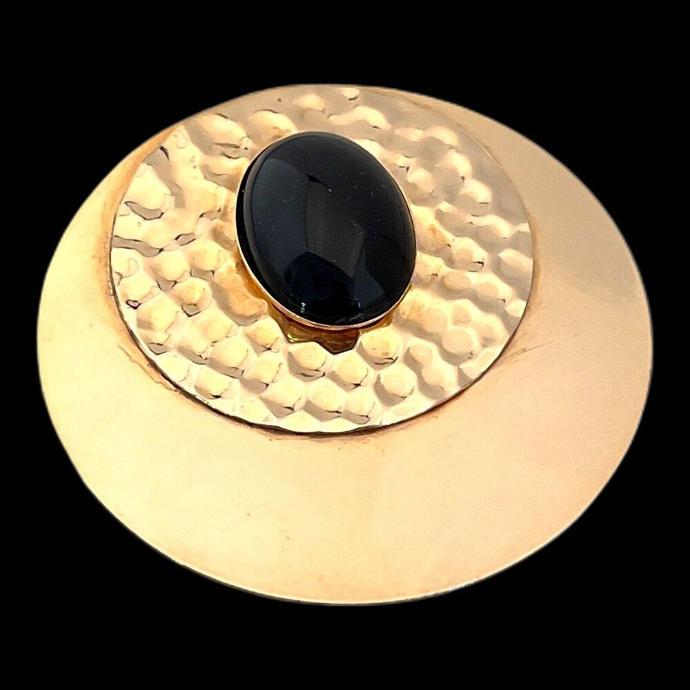 Vintage 1970s Hammered Brooch Black Cabochon Gold Tone Statement Pin - 13B